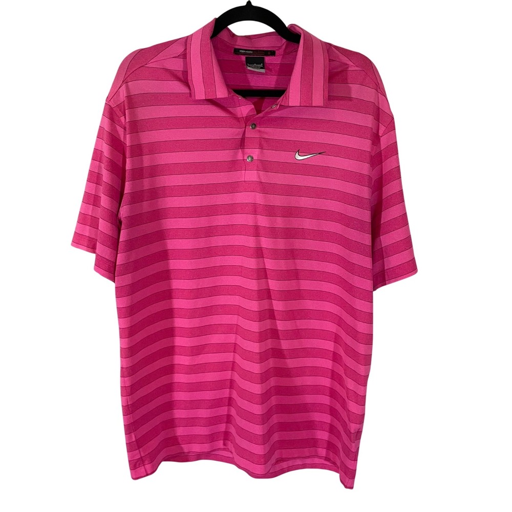 Nike Tiger Woods Collection Mens Large Pink Striped Dri-FIT Golf Polo Shirt Pro